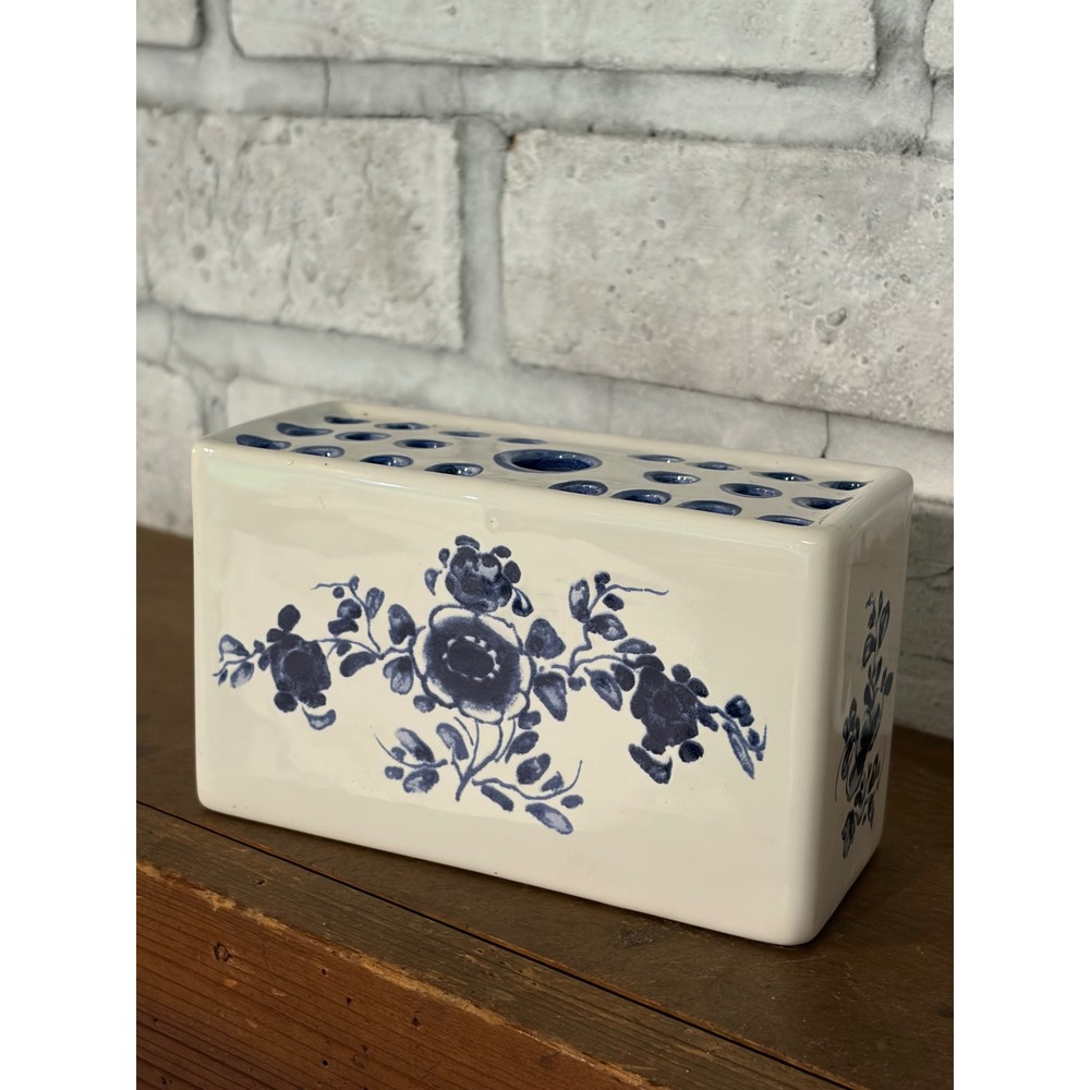 Vintage blue & white ceramic flower brick vase Delft style from MMA in Portugal